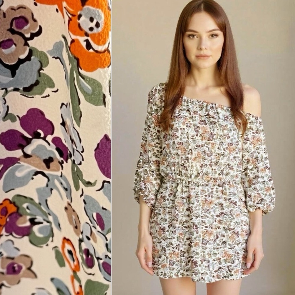 Rebecca Taylor Silk Floral One Shoulder Puff Sleeve Flowy Mini Dress